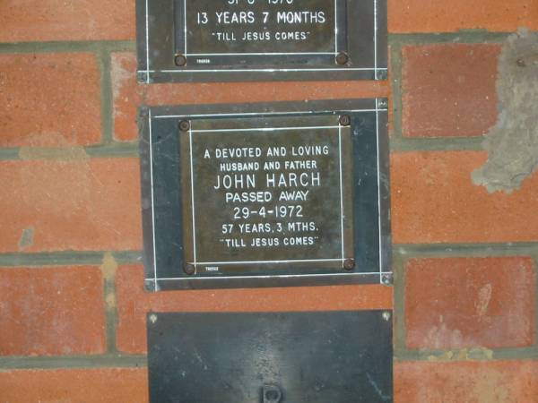 John HARCH,  | husband father,  | died 29-4-1972 aged 57 years 3 months;  | Mooloolah cemetery, City of Caloundra  |   | 