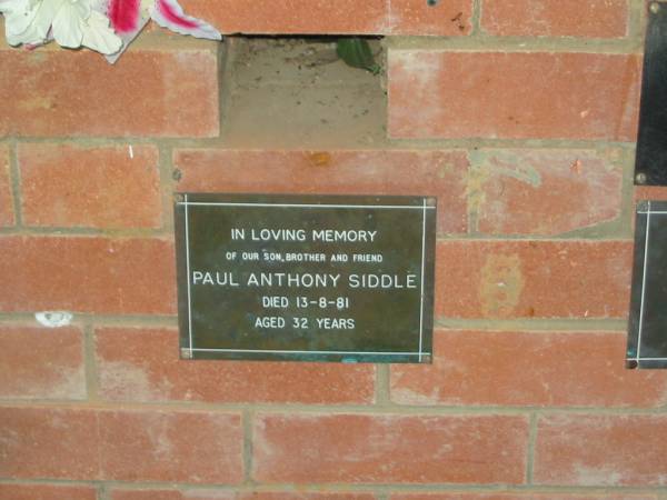 Paul Anthony SIDDLE,  | son brother,  | died 13-8-81 aged 32 years;  | Mooloolah cemetery, City of Caloundra  |   | 