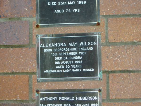 Alexandra May WILSON,  | born Bedfordshire England 13 Sept 1901,  | died Caloundra 9 Aug 1992 aged 90 years;  | Mooloolah cemetery, City of Caloundra  |   | 