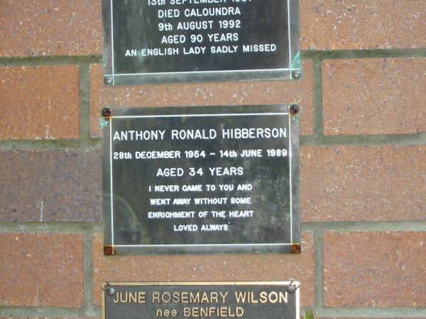 Anthony Ronald HIBBERSON,  | 28 Dec 1954 - 14 June 1989 aged 34 years;  | Mooloolah cemetery, City of Caloundra  |   | 