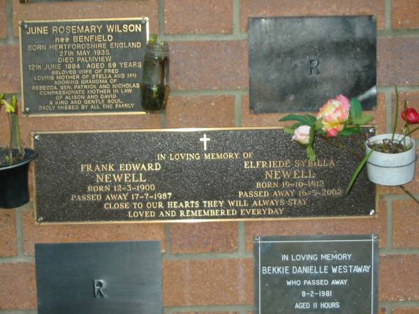 Frank Edward NEWELL,  | born 12-3-1900,  | died 17-7-1987;  | Elfriede Sybilla NEWELL,  | born 19-10-1912,  | died 16-5-2002;  | Mooloolah cemetery, City of Caloundra  |   | 