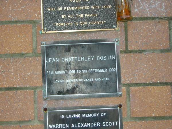 Jean Chatterley COSTIN,  | 24 Aug 1916 - 9 Sept 1992,  | mother of Janet & Jean;  | Mooloolah cemetery, City of Caloundra  |   | 