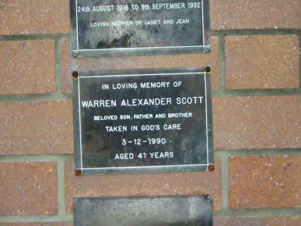 Warren Alexander SCOTT,  | son father brother,  | died 3-12-1990 aged 41 years;  | Mooloolah cemetery, City of Caloundra  |   | 