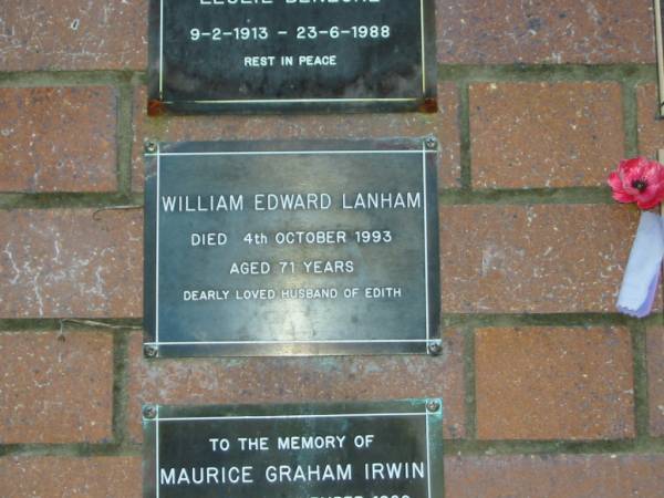William Edward LANHAM,  | died 4 Oct 1993 aged 71 years,  | husband of Edith;  | Mooloolah cemetery, City of Caloundra  |   | 
