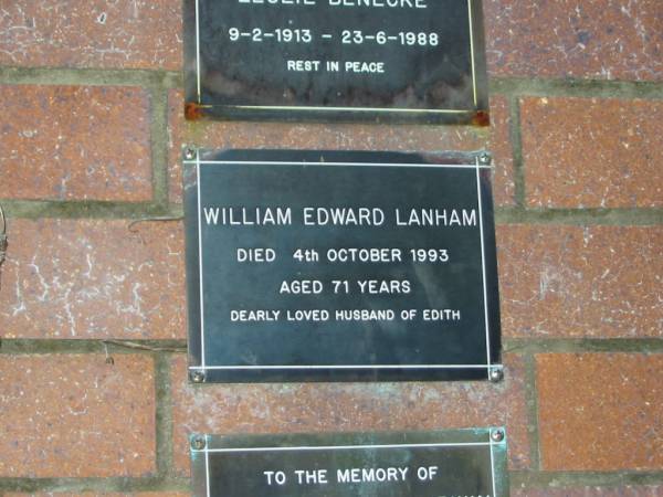 William Edward LANHAM,  | died 4 Oct 1993 aged 71 years,  | husband of Edith;  | Mooloolah cemetery, City of Caloundra  |   | 