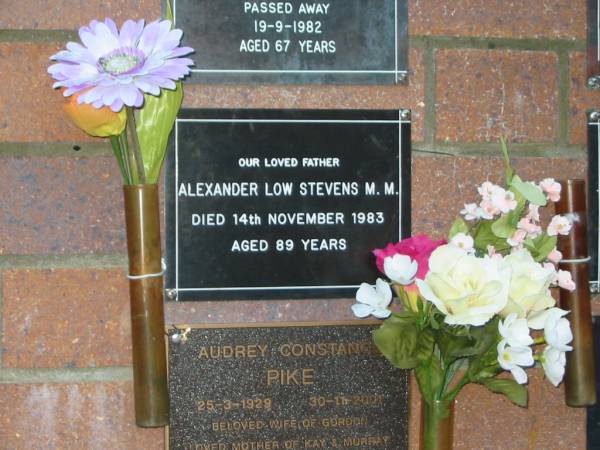 Alexander Low STEVENS,  | father,  | died 14 Nov 1983 aged 89 years;  | Mooloolah cemetery, City of Caloundra  |   | 