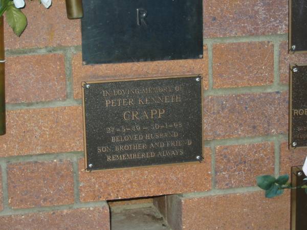 Peter Kenneth CRAPP,  | 27-5-49 - 30-1-98,  | husband son brother;  | Mooloolah cemetery, City of Caloundra  |   | 