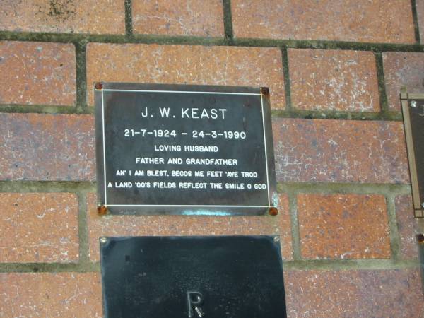 J.W. KEAST,  | 21-7-1924 - 24-3-1990,  | husband father grandfather;  | Mooloolah cemetery, City of Caloundra  |   | 
