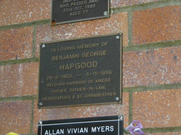 Benjamin George HAPGOOD,  | 26-6-1903 - 5-11-1996,  | husband of Madge,  | father father-in-law grandfather great-grandfather;  | Mooloolah cemetery, City of Caloundra  |   | 