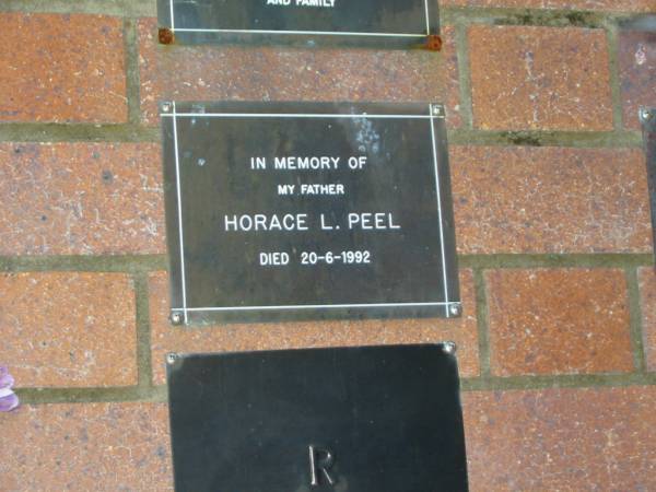 Horace L. PEEL,  | father,  | died 20-6-1992;  | Mooloolah cemetery, City of Caloundra  |   | 