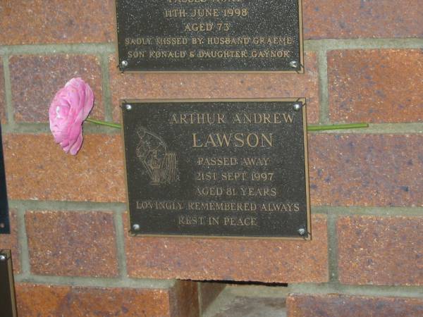 Arthur Andrew LAWSON,  | died 21 Sept 1997 aged 81 years;  | Mooloolah cemetery, City of Caloundra  |   | 