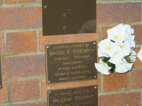 David K. GORMAN,  | 13-8-1953 - 15-12-2004,  | missed by daughters Kathleen, Sarah-Jayne,  | Rebecca & Emma;  | Mooloolah cemetery, City of Caloundra  |   | 