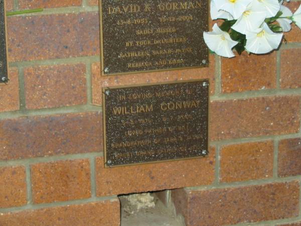 William CONWAY,  | 5-3-1915 - 6-7-2006?,  | father of Bill,  | grandfather of Tara & Jason,  | great-grandfather of Jai;  | Mooloolah cemetery, City of Caloundra  |   | 