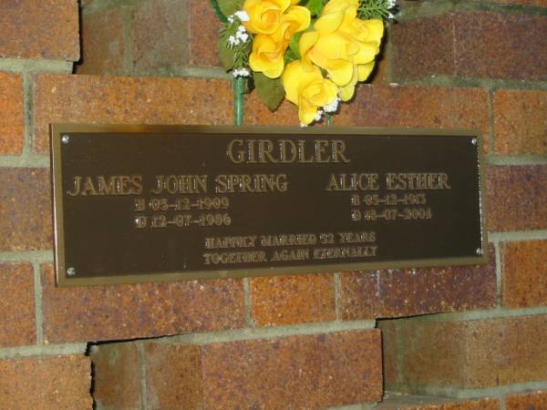 James John Spring GIRDLER,  | 05-12-1909 -12-07-1986;  | Alice Esther GIRDLER,  | 05-12-1913 - 18-07-2004,  | married 52 years;  | Mooloolah cemetery, City of Caloundra  |   | 