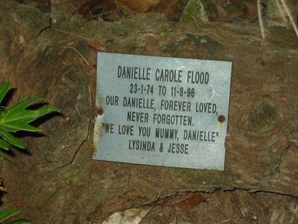 Danielle Carole FLOOD,  | mummy to Lysinda & Jesse,  | 23-1-74 - 11-8-96 aged 22 years,  | missed by Lysinda, Jesse, Jamie, dad & mum;  | Mooloolah cemetery, City of Caloundra  |   | 