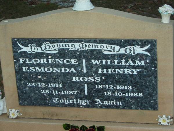 Florence Esmonda ROSS,  | 23-12-1914 - 28-11-1987;  | William Henry ROSS,  | 18-12-1913 - 18-10-1988;  | Mooloolah cemetery, City of Caloundra  |   | 