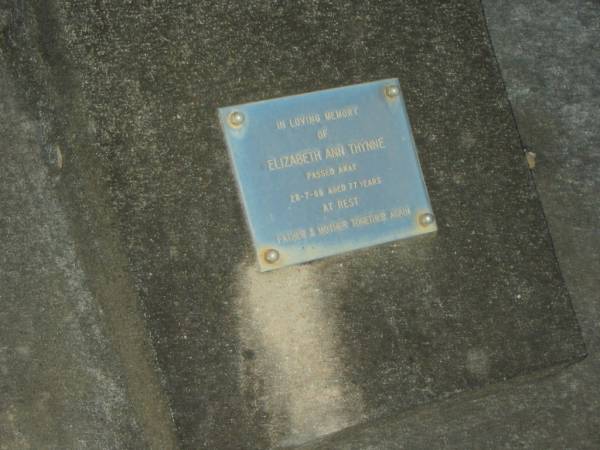 Edward T. THYNNE,  | died 26-12-1953 aged 81 years,  | father;  | Elizabeth Ann THYNEE,  | died 28-7-66 aged 77 years,  | mother;  | Mooloolah cemetery, City of Caloundra  |   | 
