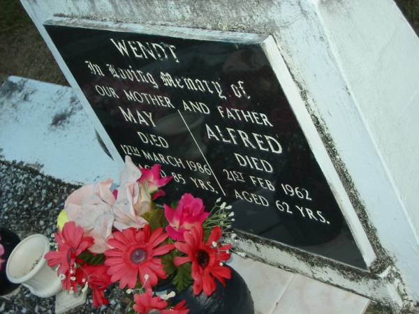 May WENDT,  | mother,  | died 12 March 1986 aged 85 years;  | Alfred WENDT,  | father,  | died 21 Feb 1962 aged 62 years;  | Mooloolah cemetery, City of Caloundra  |   | 