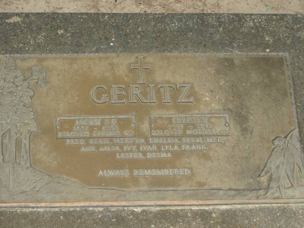 August N.O. GERITZ,  | 1882 - 1953,  | father of Fred Cecil, Mervyn, Thelma, Beryl, Mel,  | Aub, Ailsa, Ivy, Ivan, Lula, Frank, Lester & Desma;  | Christine GERITZ,  | 1889 - 1982,  | mother of Fred Cecil, Mervyn, Thelma, Beryl, Mel,  | Aub, Ailsa, Ivy, Ivan, Lula, Frank, Lester & Desma;  | Mooloolah cemetery, City of Caloundra  |   |   | 