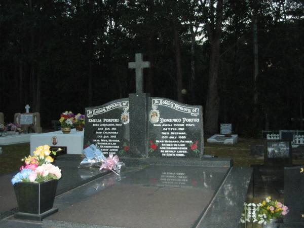 Emilia PORFINI,  | born Acquasanta Italy 25 Jan 1915,  | died Caloundra 13 Jan 2002,  | wife mother mother-in-law grandmother;  | Domenico PORFINI,  | born Ascoli Piceno Italy 24 Feb 1912,  | died Beerwah 15 Jyly 1988,  | husband father father-in-law grandfather;  | Mooloolah cemetery, City of Caloundra  |   | 