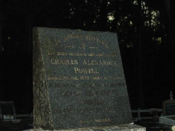 Charles Alexander POWELL,  | husband father,  | died 28 Aug 1972 aged 87 years;  | Grace Elizabeth POWELL,  | died 20? ???? 1979? aged 91? years;  | Mooloolah cemetery, City of Caloundra  |   | 