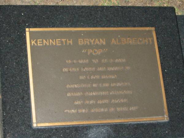 Kenneth Bryan (Pop) ALBRECHT,  | 16-1-1932 - 22-8-2003,  | son Marko,  | daughter-in-law Myschel,  | grand-daughter Chamonix;  | Mooloolah cemetery, City of Caloundra  |   | 