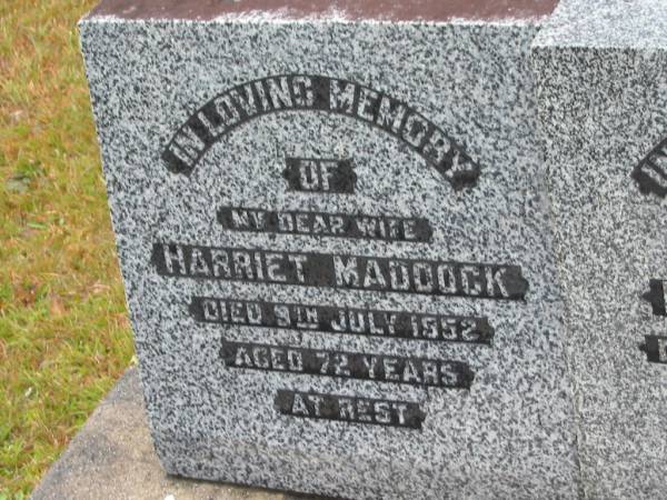 Harriet MADDOCK,  | wife,  | died 8 July 1952 aged 72 years;  | Ewen MADDOCK,  | died 1 Aug 1973 aged 100 years;  | Mooloolah cemetery, City of Caloundra  |   | 