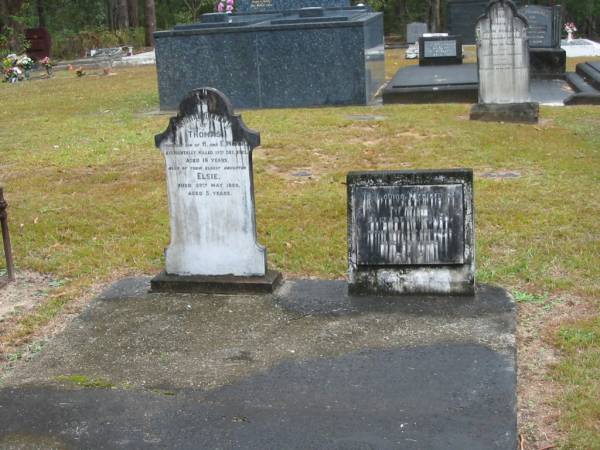 Thomas,  | youngest son of H. & E. MUNRO,  | accidentally killed 15 Dec 1923;  | Elsie,  | eldest daughter,  | died 29 May 1899 aged 5 years;  | Elizabeth MUNRO,  | mother,  | died 3 April 1925 aged 56 years;  | Mooloolah cemetery, City of Caloundra  |   | 