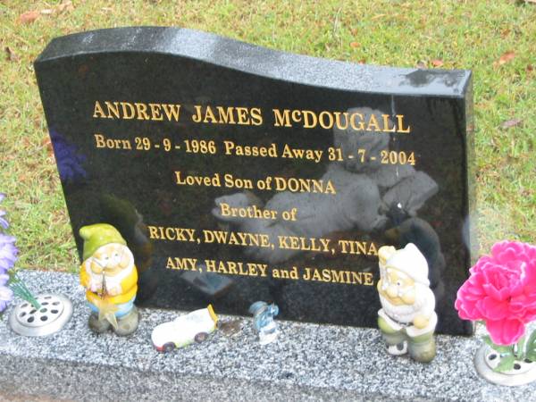 andrew James MCDOUGALL,  | born 29-9-1986,  | died 31-7-2004,  | son of Donna,  | brother of Ricky, Dwayne, Kelly, Tina, Amy, Harley  | & Jasmine;  | Mooloolah cemetery, City of Caloundra  |   | 