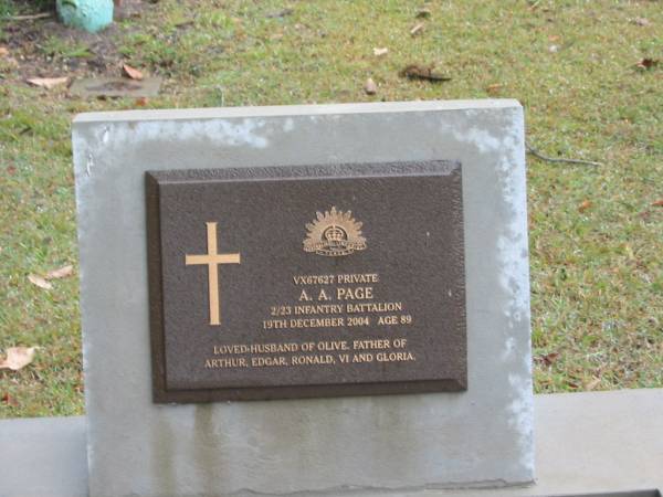 A.A. PAGE,  | died 19 Dec 2004 aged 89 years,  | husband of Olive,  | father of Arthur, Edgar, Ronald, Vi & Gloria;  | Mooloolah cemetery, City of Caloundra  |   | 