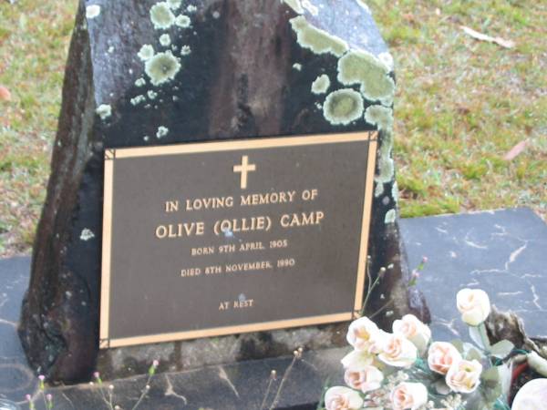 Olive (Ollie) CAMP,  | born 9 April 1905,  | died 8 Nov 1990;  | Mooloolah cemetery, City of Caloundra  |   | 