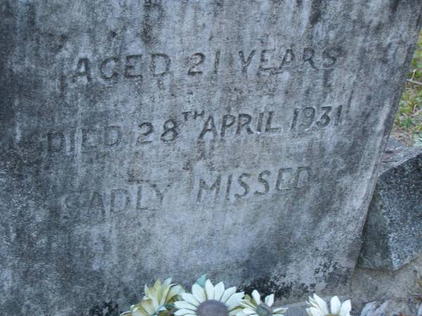 Margaret Winifred HANLON,  | died 28 April 1931 aged 21 years;  | Mooloolah cemetery, City of Caloundra  |   | 