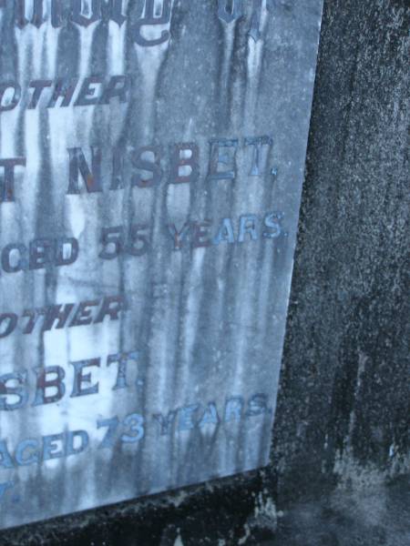 James Wishart NISBET,  | brother,  | died 10 June 1958 aged 55 years;  | Samuel NISBET,  | brother,  | died 18 March 1974 aged 73 years;  | Mooloolah cemetery, City of Caloundra  |   | 