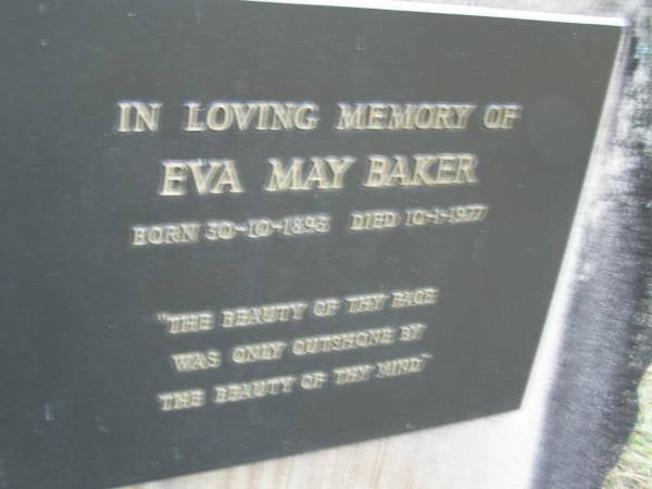 Bernard Ormond BAKER,  | born 14-5-1894,  | died 17-8-1976;  | Eva May BAKER,  | born 30-10-1893,  | died 10-1-1977;  | Mooloolah cemetery, City of Caloundra  |   | 