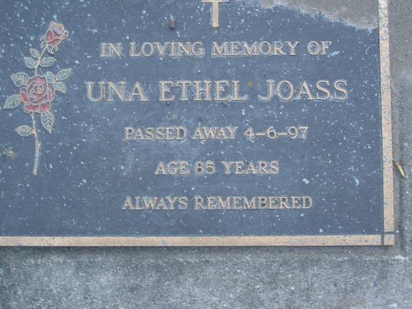 Una Ethel JOASS,  | died 4-6-97 aged 85 years;  | Mooloolah cemetery, City of Caloundra  |   | 