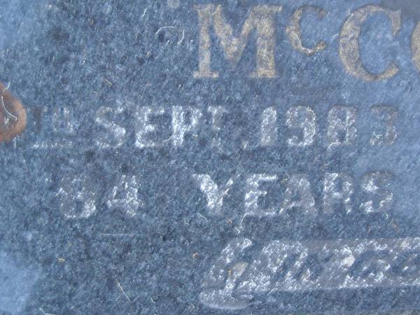 Norman Charles MCCOSKER,  | husband,  | died ?? Sept 1983 aged 84 years;  | Mooloolah cemetery, City of Caloundra  |   | 