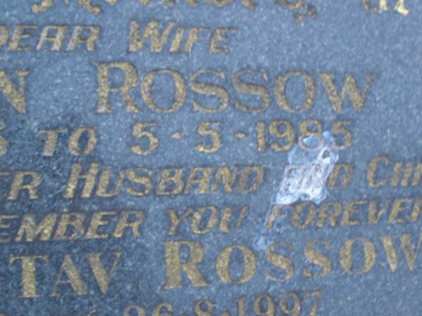 Marion ROSSOW,  | wife,  | 1-7-1926 - 5-5-1985,  | missed by husband & children;  | Roy Gustav ROSSOW,  | husband father,  | 25-2-1918 - 26-8-1997;  | Mooloolah cemetery, City of Caloundra  |   | 