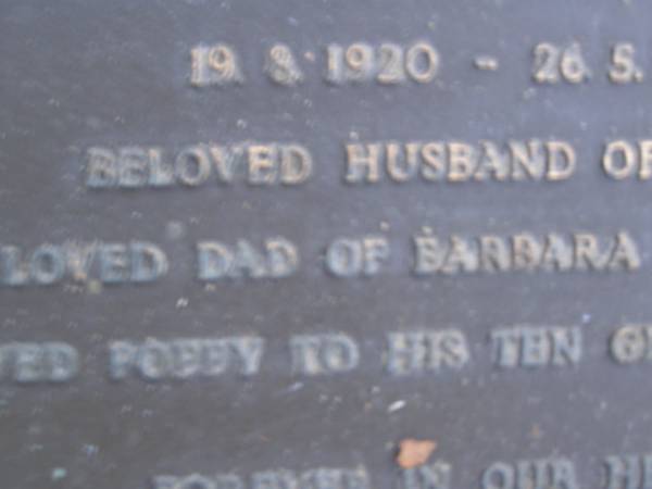 Leonard Frderick HARVEY,  | 19-9?-1920 - 26-5-1989,  | husband of Louisa,  | dad of Barbara, Pamela & Raymond,  | poppy to 10 grandchildren;  | Mooloolah cemetery, City of Caloundra  |   | 