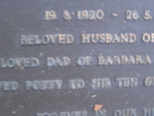 Leonard Frderick HARVEY,  | 19-9?-1920 - 26-5-1989,  | husband of Louisa,  | dad of Barbara, Pemela & Raymond,  | poppy to 10 grandchildren;  | Mooloolah cemetery, City of Caloundra  |   | 