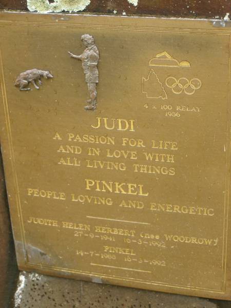 Judith (Judi) Helen HERBERT (nee WOODROW),  | 27-9-1941 - 16-3-1992;  | Pinkel,  | 14-7-1988 - 16-3-1992;  | Mooloolah cemetery, City of Caloundra  |   | 