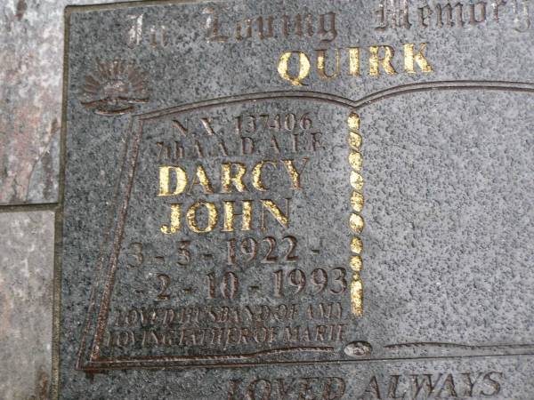 Darcy John QUIRK,  | 3-5-1922 - 2-10-1993,  | husband of Amy,  | father of Marie;  | Mooloolah cemetery, City of Caloundra  | 