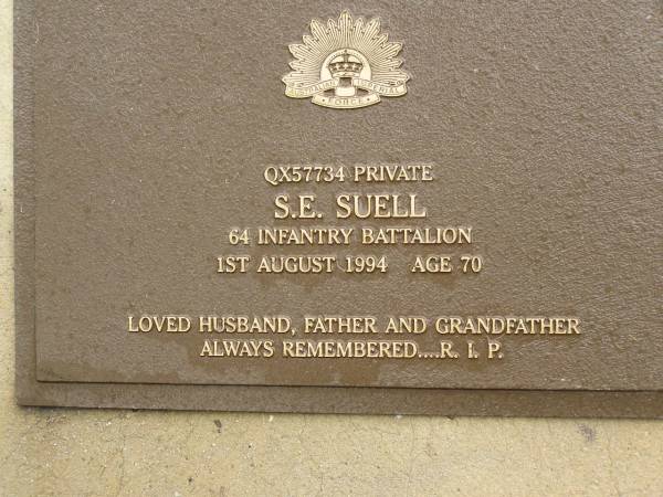 S.E. SUELL,  | died 1 Aug 1994 aged 70 years,  | husband father grandfather;  | Mooloolah cemetery, City of Caloundra  | 