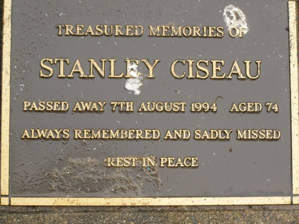 Stanley CISEAU,  | died 7 Aug 1994 aged 74 years;  | Mooloolah cemetery, City of Caloundra  | 