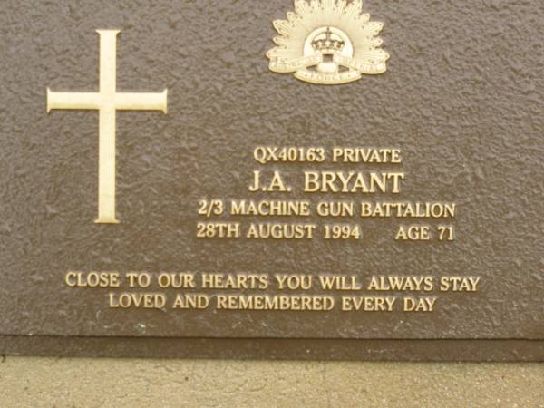 J.A. BRYANT,  | died 28 Aug 1994 aged 71 years;  | Mooloolah cemetery, City of Caloundra  | 