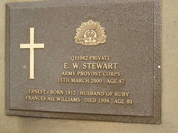 Ernest W. STEWART,  | born 1912,  | died 15 March 2000 aged 87 years,  | husband of Ruby Frances (nee WILLIAMS)  | died 1998 aged 80;  | Mooloolah cemetery, City of Caloundra  |   | 