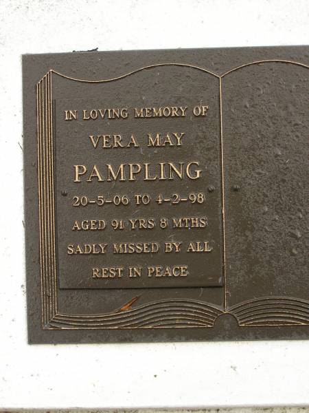 Vera May PAMPLING,  | 20-5-06 - 4-2-98 aged 91 years 8 months;  | Mooloolah cemetery, City of Caloundra  | 