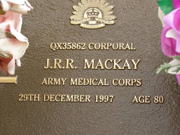 J.R.R. MACKAY,  | died 29 Dec 1997 aged 80 years;  | Mooloolah cemetery, City of Caloundra  | 