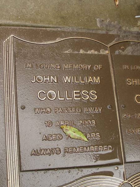 John William COLLESS,  | died 10 April 2003 aged 71? years;  | Shirley Edith COLLESS,  | 29-12-1926 - 31-10-2003;  | Mooloolah cemetery, City of Caloundra  | 