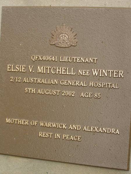 Elsie V. MITCHELL (nee WINTER),  | died 5 Aug 2002 aged 85 years,  | mother of Warwick & Alexandra;  | Mooloolah cemetery, City of Caloundra  | 
