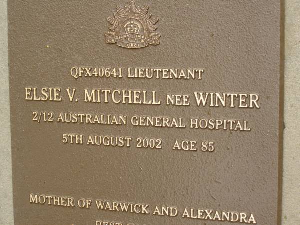 Elsie V. MITCHELL (nee WINTER),  | died 5 Aug 2002 aged 85 years,  | mother of Warwick & Alexandra;  | Mooloolah cemetery, City of Caloundra  | 